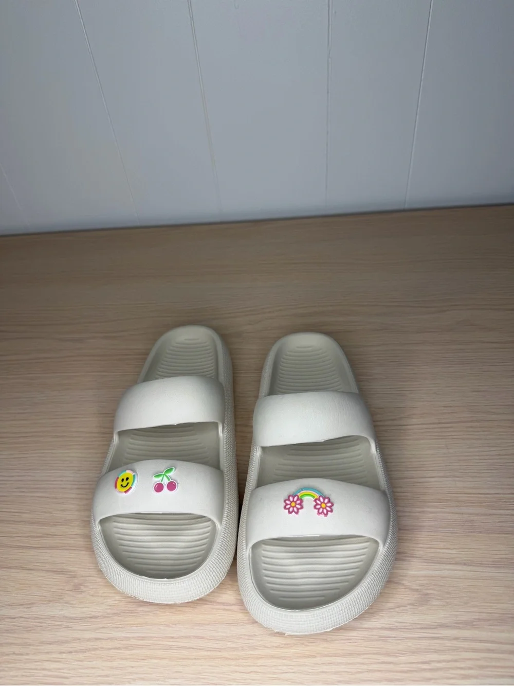 Girls Cream Kids Slide Sandals with Rainbow and Cherry Charms